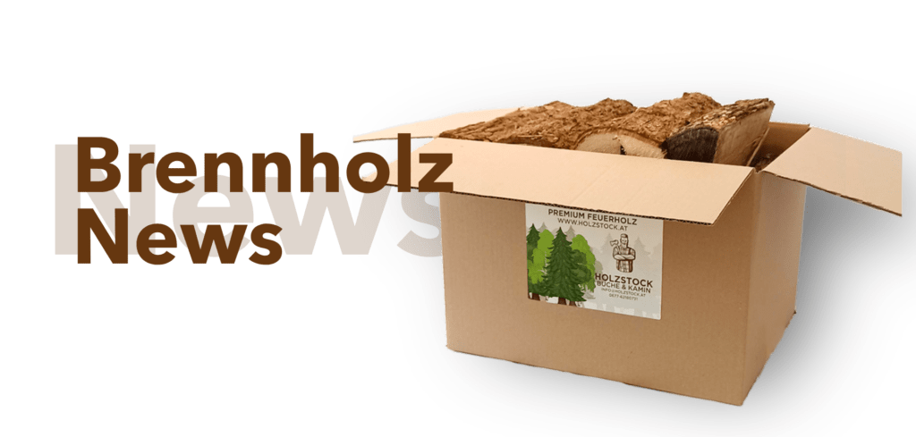 Text "Brennholz News" neben einer offenen Box Brennholz